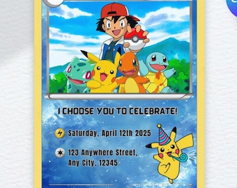 Tarjeta de cumpleaños de Pokémon, estilo caricatura rojo y amarillo, invitación editable de Canva para fiesta infantil, temática de Pikachu, archivo digital instantáneo.