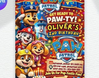 Invitación editable imprimible de Paw-ty, invitación de cumpleaños de cachorros para niño y niña, fiesta de cachorros, descarga instantánea, plantilla de invitación de cumpleaños de Paw Kids