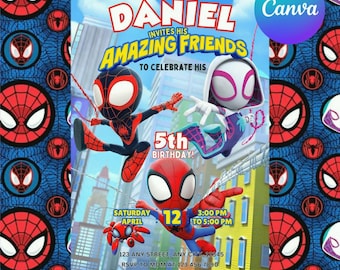 Invitación editable para fiesta de cumpleaños de Spidey y sus increíbles amigos en acuarela / Plantilla imprimible de superhéroes / Invitación infantil / Descarga instantánea