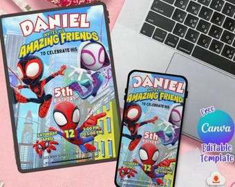 Invitación editable para fiesta de cumpleaños de Spidey y sus increíbles amigos en acuarela / Plantilla imprimible de superhéroes / Invitación infantil / Descarga instantánea