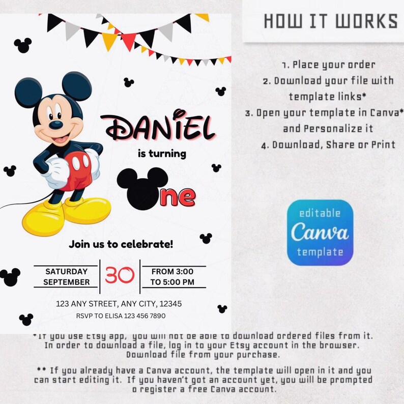 Editable Mickey Mouse Birthday Invitation, Printable Invitation Mickey ...