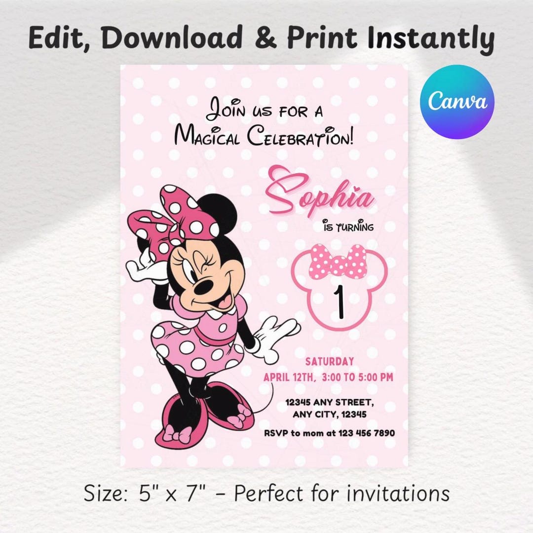 Editable Minnie 1st Birthday Digital Invitation First Minnie Birthday ...