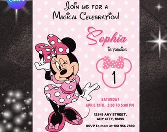 Invitación digital editable para el primer cumpleaños de Minnie. Invitación para el primer cumpleaños de Minnie. Invitación para niña con un lindo ratón.