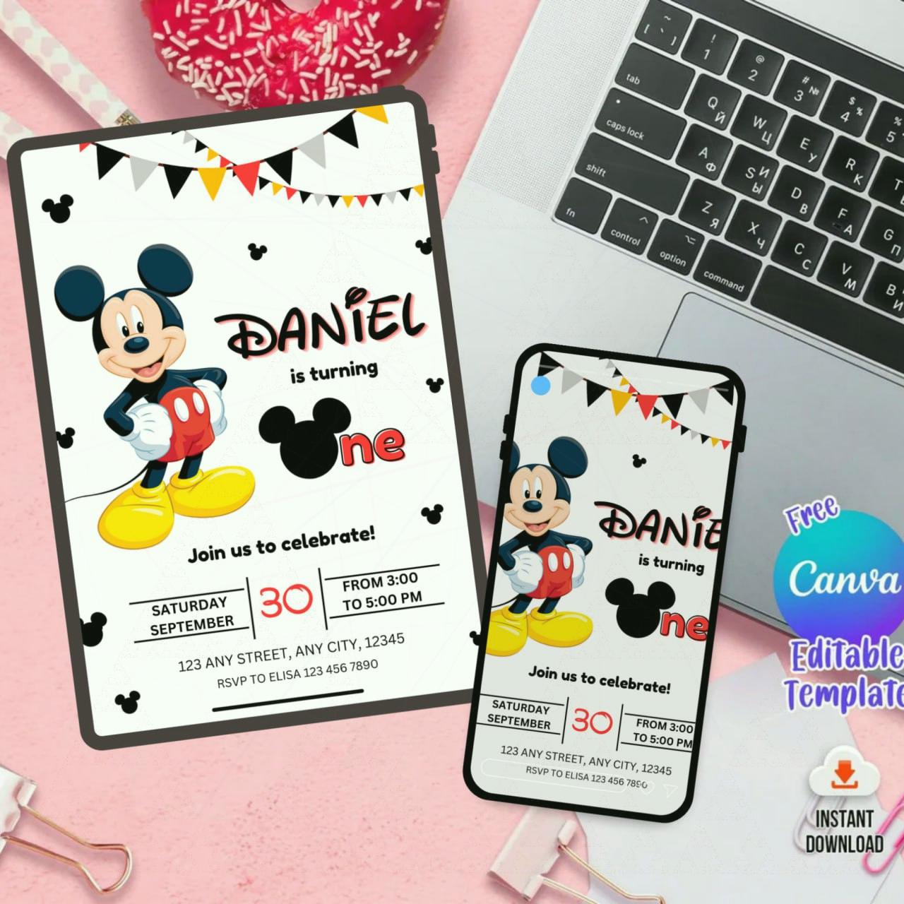 Editable Mickey Mouse Birthday Invitation, Printable Invitation Mickey ...