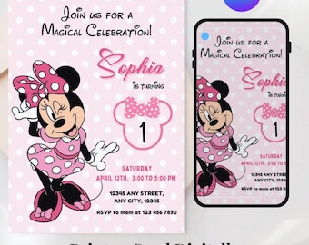 Invitación digital editable para el primer cumpleaños de Minnie. Invitación para el primer cumpleaños de Minnie. Invitación para niña con un lindo ratón.