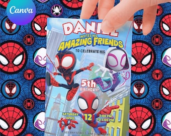 Invitación editable para fiesta de cumpleaños de Spidey y sus increíbles amigos en acuarela / Plantilla imprimible de superhéroes / Invitación infantil / Descarga instantánea