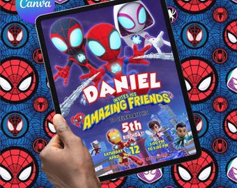 Invitación editable para fiesta de cumpleaños de Spidey y sus increíbles amigos en acuarela / Plantilla imprimible de superhéroes / Invitación infantil / Descarga instantánea