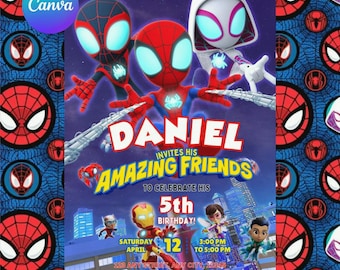 Invitación editable para fiesta de cumpleaños de Spidey y sus increíbles amigos en acuarela / Plantilla imprimible de superhéroes / Invitación infantil / Descarga instantánea