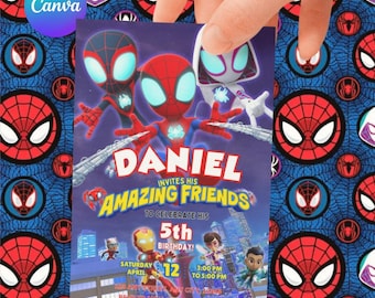 Invitación editable para fiesta de cumpleaños de Spidey y sus increíbles amigos en acuarela / Plantilla imprimible de superhéroes / Invitación infantil / Descarga instantánea