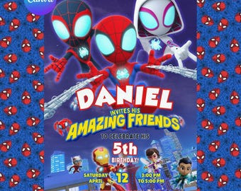 Invitación editable para fiesta de cumpleaños de Spidey y sus increíbles amigos en acuarela / Plantilla imprimible de superhéroes / Invitación infantil / Descarga instantánea