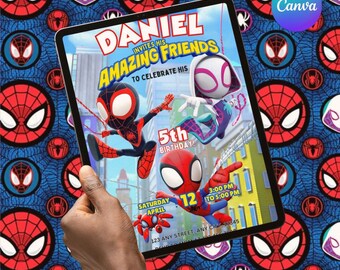 Invitación editable para fiesta de cumpleaños de Spidey y sus increíbles amigos en acuarela / Plantilla imprimible de superhéroes / Invitación infantil / Descarga instantánea