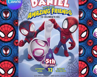 Invitación editable para fiesta de cumpleaños de Spidey y sus increíbles amigos en acuarela / Plantilla imprimible de superhéroes / Invitación infantil / Descarga instantánea