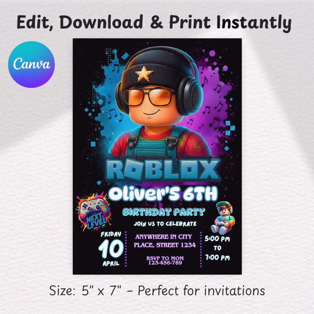 Editable Roblox Birthday Invitation Card, Gamer Kids Boys Party, Canva ...