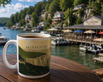 May include: A white ceramic coffee mug filled with coffee, featuring a landscape design with the word "MISSOURI" in a serif font. The mug is on a wooden table with a lake and restaurant in the background.