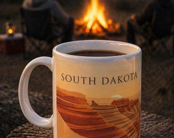 May include: A white ceramic mug filled with dark coffee, featuring a scenic illustration of South Dakota's canyons. The mug is set on a wooden surface, with a campfire and two people in the background.