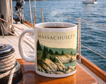May include: A white ceramic mug filled with coffee, featuring a scenic illustration of the Massachusetts coastline. The mug is on a wooden surface aboard a sailboat, with a view of the ocean and a sailboat in the distance. The mug has the word "MASSACHUSETTS" printed on it.