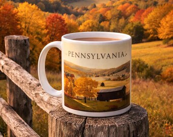 May include: A white ceramic mug filled with a beverage, featuring a scenic Pennsylvania landscape design. The mug is set on a weathered wooden post with a rustic fence in the foreground, against a backdrop of autumn foliage.