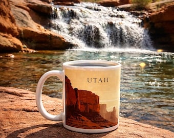 May include: A white ceramic mug with a landscape design featuring the word "UTAH" is set on a red rock. The mug's design depicts a canyon scene with red rock formations. A waterfall and water are in the background.
