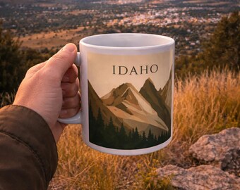 May include: White ceramic mug featuring the word "IDAHO" above a mountain range illustration. The mug is held against a scenic backdrop of mountains and a valley at sunset. The mug is a standard 11 oz size.