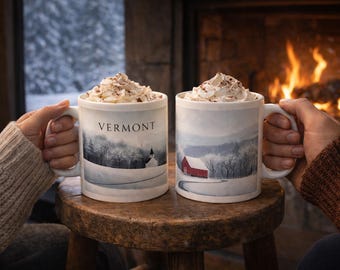 May include: Two white ceramic mugs filled with whipped cream and cocoa powder, held by hands. The mugs feature winter landscape scenes with a church and a red barn. One mug has the word "VERMONT" printed on it. The mugs are on a wooden stool.