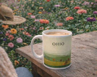 May include: A white ceramic mug with the word "OHIO" printed on it, filled with coffee. The mug features a landscape design with rolling green hills and trees. The mug sits on a wooden table with a colorful flower garden in the background.