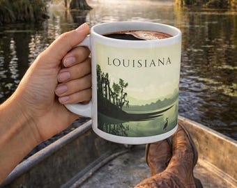 May include: A white ceramic mug filled with dark liquid, featuring the word "LOUISIANA" above a scenic landscape illustration. The mug is held in a hand, with cowboy boots and jeans visible in the foreground, set against a tranquil water backdrop.
