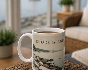May include: White ceramic mug filled with coffee, featuring a scenic coastal image with the text "RHODE ISLAND." The mug is set on a woven surface, with a blurred background of a sailboat on the water.