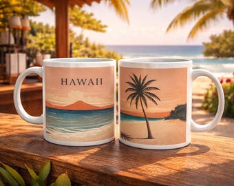 May include: Two white ceramic mugs with a Hawaiian beach scene design. One mug features the word "HAWAII" above a sunset over the ocean. The other mug has a palm tree on a beach with a sunset background.