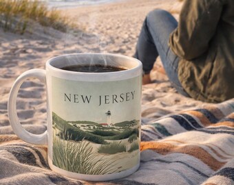 May include: A white ceramic mug filled with steaming dark coffee, featuring a coastal scene with a lighthouse and the text "NEW JERSEY." The mug sits on a striped blanket on a sandy beach.