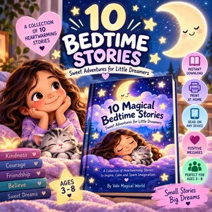 Puede incluir: Una portada de libro digital titulada 10 Magical Bedtime Stories con una ilustración de un niño y un gatito durmiendo sobre nubes moradas bajo un cielo estrellado con una luna creciente. La portada incluye el texto By Vale Magical World.