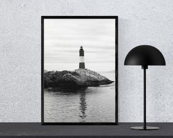 Zwart-witte vuurtoren aan het einde van de wereld Nautisch decor Fotografie Winter Patagonië Photo Marine
