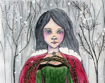 Christmas Art ORIGINAL 5.5x8.5 watercolor on paper // Wreath, girl, skull wreath, green dress, red coat // winter trees, snow, gray