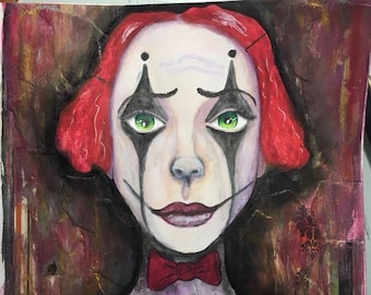 ORIGINAL SMALL 7x10 inch Halloween Sad Clown Painting on paper // clown, circus, red, collage