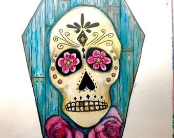 ORIGINAL SMALL 7x10 inch Halloween Sugar Skull Coffin Watercolor Painting on paper // blue, wood grain, pink roses, day of the dead