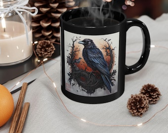 Gothic Coffee Mug with Raven Design, Black Ceramic 11 oz Cup