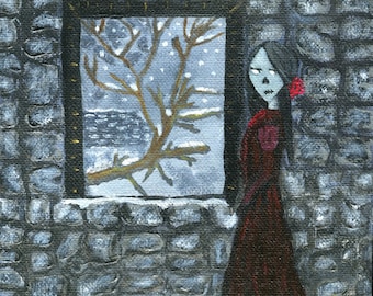 ORIGINAL ART: STONE Small skull painting, 6x6 inches acrylic on canvas  // stone wall, winter, snow falling outside window, maroon dress