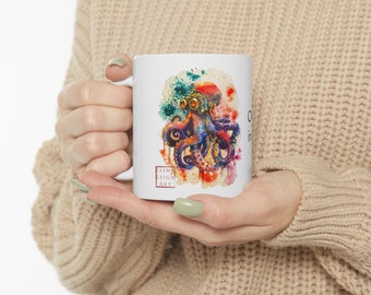 Steampunk Series Mug | Octopus: "Out with the New, In with the Old" | Cute Original Watercolor Artwork by Jaime Leigh | Coffee, tea, mug