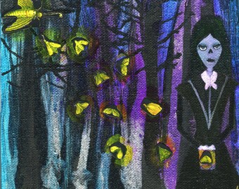 ORIGINAL ART: FIREFLY Small skull painting, 6x6 inches acrylic on canvas // trees, fireflies, blue, purple // Glow, Lightning Bug