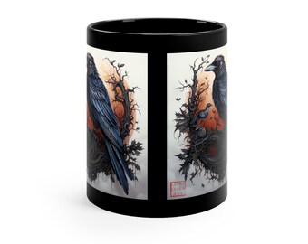 Raven Perched on Twisted Tree Design | Crow Design | Autumn Fall Themed Mug with Original Design by Jaime Leigh Art | Black Coffee Tea Mug