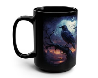 Raven with Colorful Background | Crow Design | Autumn Fall Themed Mug with Original Design by Jaime Leigh Art | Black Coffee Tea Mug