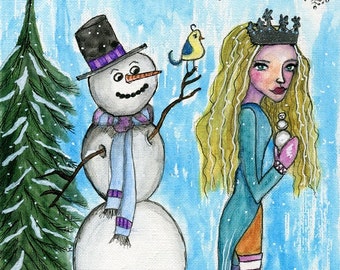 Christmas Art ORIGINAL 5.5x8.5 watercolor on paper // Let it Snow, Girl with Snowman, Winter Bird, Tree, Hanging Snowflakes // Crown, Blue