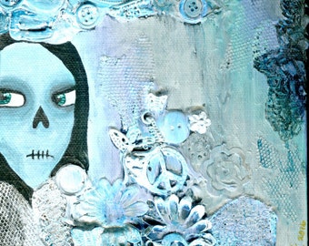 ORIGINAL ART: BLUE Small skull painting, 6x6 inches acrylic on canvas // Blue, white, mixed media metal, flowers, buttons // Heavy texture