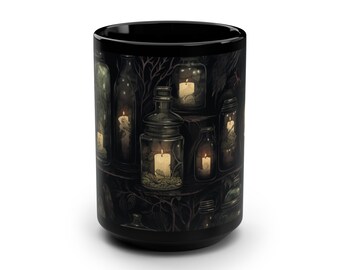 Vintage Skull and Candle Design Coffee. Tea, Cocoa Mug | Black Mug, 15oz | Original Design by Jaime Leigh Art