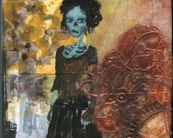 ORIGINAL ART: GEARS Small skull painting, 6x6 inches acrylic on canvas// Gears, gold, bronze // Movie inspired Sweeney Todd Helena B Carter