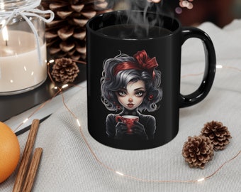 Jolly AF 11 Oz Christmas Coffee Mug with Cute Pop Surrealist Girl | Original Design by Artist Jaime Leigh | Holiday Girl Holding Coffee Mug