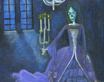 ORIGINAL ART: Small skull painting, 6x6 inches acrylic on canvas // night, moonlight, ballroom, ballgown, candelabra, lavender, blue