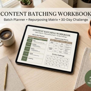 Puede incluir: Un cuaderno de trabajo digital para el procesamiento por lotes de contenido que se muestra en una tableta, con el texto "Content Batching Workbook" y "30-Day Challenge". La imagen incluye una taza de café, un bolígrafo y una planta en una maceta de terracota. El cuaderno de trabajo es una plantilla de Canva de 15 páginas.