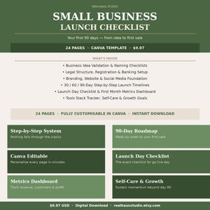 May include: A digital download titled "Small Business Launch Checklist" with a green and white design. The checklist includes steps for business idea validation, legal structure, branding, and launch timelines. It is a 24-page Canva template.