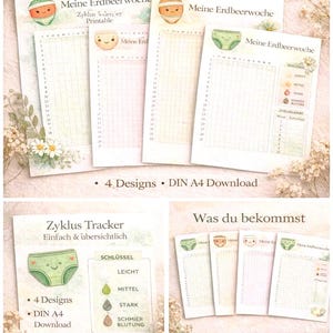 Puede incluir: Calendarios de ciclo imprimibles con temática de fresas. Los diseños incluyen gráficos para el seguimiento de ciclos, con ilustraciones de ropa interior y fresas. El texto incluye "4 Designs" y "DIN A4 Download".