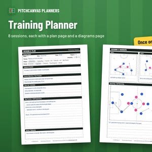 Op de afbeelding: Een PitchCanvas Planners trainingsplanner met 8 sessies, inclusief plan- en diagrampagina's. De witte pagina's bevatten zwarte tekst, sessiedetails, oefeningen en voetbalvelddiagrammen met blauwe en roze spelerspictogrammen.